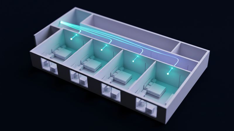 Plastico di un edificio: da un punto solo partono quattro fibre, una per ambiente, e tutti gli ambienti sono accesi uguali