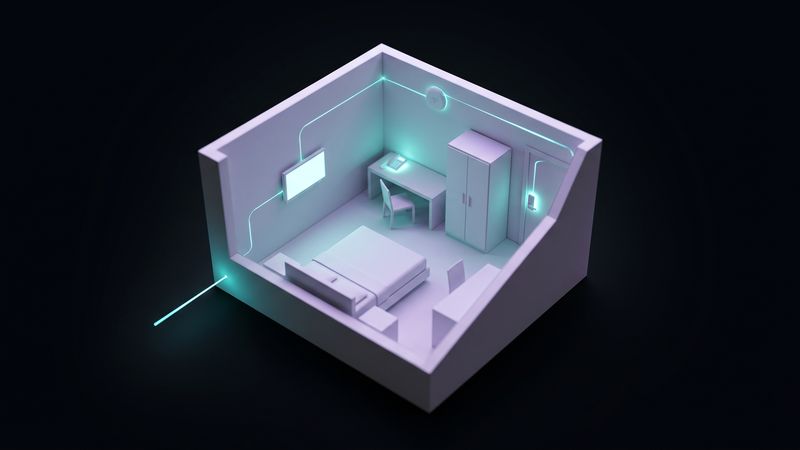 Plastico di un ambiente: una sola fibra entra dal muro e porta luce a televisore, telefono, access point e serratura